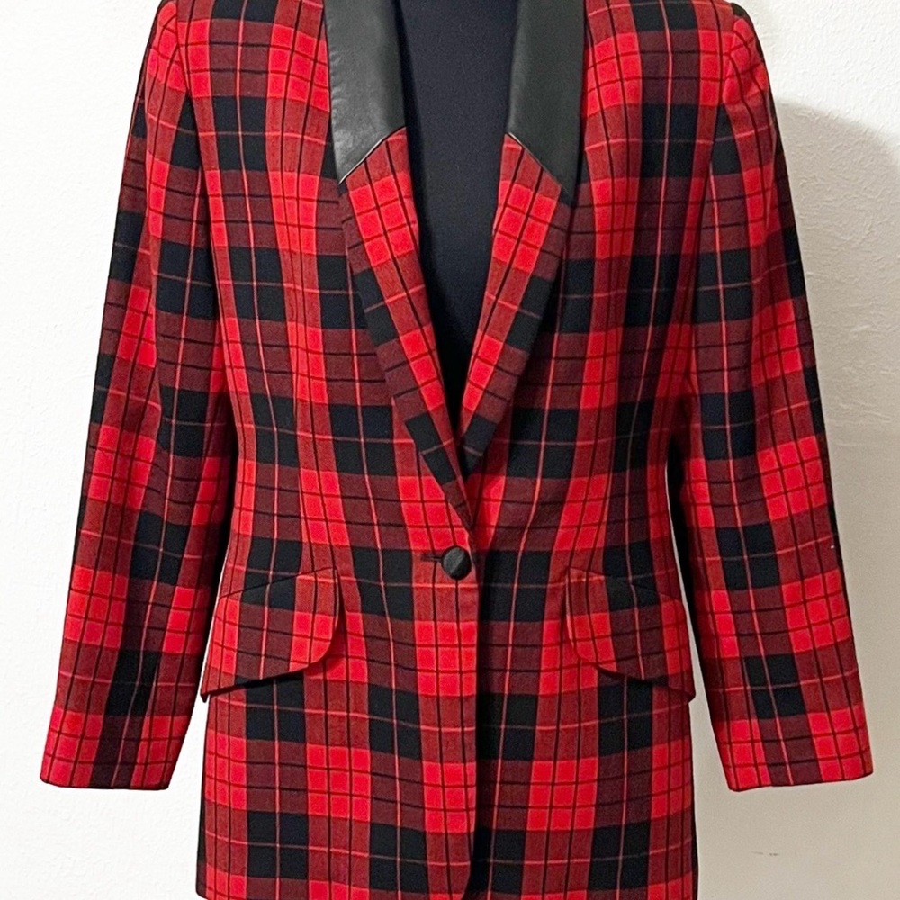 Vintage 80s Plaid Red Black Wool Blazer Leather Collar Satin Button Pristine - Picture 7 of 10